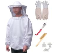 Traje profesional de apicultura con sombrero ventilado, overol de algodón ligero + guantes de piel de oveja, cepillo de colmena y kit de herramientas de gancho en J de acero inoxidable