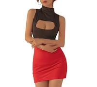 Traje sexy para mujer de secretaria lencería traje de oficina Cosplay clásico travieso caliente camisón sin mangas uniforme de maestro mit medias sin entrepierna negro/rojo, rojo/negro, Talla única