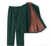 Traje Tang para hombre Kung Fu Traje de combate de manga larga Uniformes Otoño e Invierno Plus Terciopelo Tradicional Chino Ropa Engrosada Calor Tai Chi Traje de Hanfu Abrigo Pantalones, verde