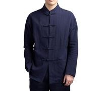 Traje Tradicional Chino de Kung Fu Tang for Hombre, Chaqueta de Tai Chi con Cuello levantado, Chaqueta de Manga Larga de algodón y Lino(Navy,2XL)