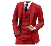 Trajes Boda Hombre Traje de Lino 3 Piezas, Blazer, Chaleco y pantalón, Esmoquin Ajustado for Padrinos Boda, Elegante Vestido Fiesta, Estilo Retro, con Escote en V para la Boda(Red,XXL)