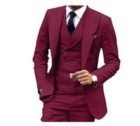 Trajes Boda Hombre Traje de Lino 3 Piezas, Blazer, Chaleco y pantalón, Esmoquin Ajustado for Padrinos Boda, Elegante Vestido Fiesta, Estilo Retro, con Escote en V para la Boda(Burgundy,M)