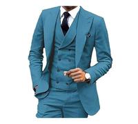 Trajes Boda Hombre Traje de Lino 3 Piezas, Blazer, Chaleco y pantalón, Esmoquin Ajustado for Padrinos Boda, Elegante Vestido Fiesta, Estilo Retro, con Escote en V para la Boda(Deep Green,XL)