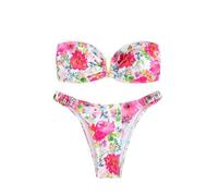 Trajes De Baño Bikini 2 Piezas con Estampado Floral En V Cable Sin Tirantes Bandeau Rosa Multicolor Mediano(Red Multi,X-Large)