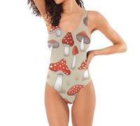 Trajes de baño clásicos de una pieza para mujer, hongos, ligeros, en forma de U, espalda y control de abdomen, Setas rojas y beige, XXL