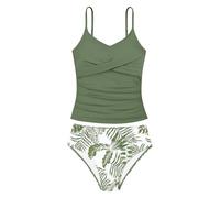 Trajes de baño de 2 Piezas para niñas Adolescentes, con Cuello en V, Parte Superior Tankini Fruncida + Parte Inferior Estampada Tropical, Conjunto de Traje de baño para Verano de 8 a 14 años