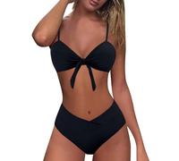 Trajes de baño de mujer de dos piezas piscina deportiva bikini playa sexy cintura alta trajes de playa cordón triangular cuello en V Beachwear Tanga Triángulo Bikini Set Swimwear, Negro , S