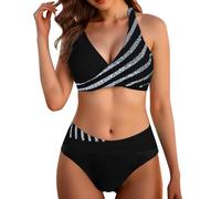 Trajes de baño mujer 2 piezas rayas cintura alta vintage bikini set push up cuello en v chic y elegante fruncido trenzado conjunto dos piezas clásico beachwear swimsuit verano playa vacaciones, Negro