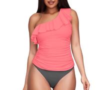 Trajes de Baño Mujer Alta Bañadores Tallas Grandes Women's Two Piece Swimsuits One Shoulder Tankini Tummy Bathing Suits Swimwear ñador Deportivo Mujer Natacion Bikini Sexy (Pink XXL)