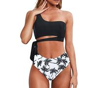 Trajes de Baño Mujer de Dos Piezas Bikinis Push Up Braga Alta Bañadores Reductor Barriga Bikini Bandeau un Hombro Brasileños(Hojas Negras,L)