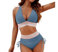 Trajes de baño mujer dos piezas traje de playa push up sexy conjunto bikini brasileño tanga cintura alta triángulo bikini cintura alta mujer delantal desmontable, 3-azul claro, M