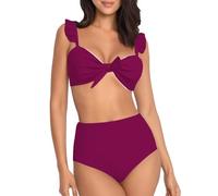 Trajes de baño para mujer de dos piezas Push Up brasileño Bikini Conjunto de playa sexy cintura alta traje de baño playa Triangular Cuello en V Swimwear Deportivo Cordón Bikini Swimsuit, Vino, M
