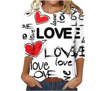 Trajes de San Valentín para mujer, manga 3/4, cuello redondo, camisetas gráficas, tops de vacaciones Trajes de moda para mujer 2024, Blanco, 3XL