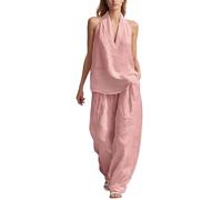 Trajes de verano para mujer, algodón y lino, traje casual sin mangas, cuello en V, parte superior y pierna ancha, pantalones de lino de gran tamaño, 2 piezas, informales, al aire libre, transpirable