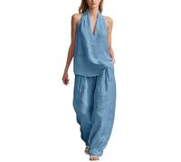 Trajes de verano para mujer, algodón y lino, traje casual sin mangas, cuello en V, parte superior y pierna ancha, pantalones de lino de gran tamaño, 2 piezas, informales, al aire libre, transpirable