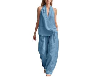 Trajes de verano para mujer, algodón y lino, traje casual sin mangas, cuello en V, parte superior y pierna ancha, pantalones de lino de gran tamaño, 2 piezas, informales, al aire libre, transpirable