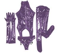Trajes enteros de látex de goma, guantes, calzoncillos, corsé, braguitas y guantes largos de dedos, medias, morado oscuro, M