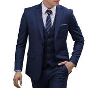 Trajes para hombre, ajuste regular, ajustado, traje de 3 piezas para hombre, traje de padrino de boda, chaqueta con solapa con muescas, chaleco y pantalones, azul marino, S