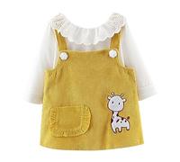 - Trajes para niñas, manga larga, escote de encaje, camiseta de jersey de color liso + falda de espalda estampada con jirafa a rayas, amarillo, 18-24 meses