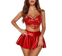 Trajes Rave para mujer, conjunto de disfraz de lencería con flecos de lentejuelas y falda metálica Línea que Sigue tu Ritmo