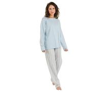 TRAMAS+ Pijama de Mujer Largo,100% Algodón, con Manga Larga y Pantalón Largo para Mujer, Conjunto de Ropa para Dormir, Pijama de Señora, Pijama Mujer Primavera - M, Raya Bill Celeste