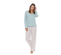 TRAMAS+ Pijama Mujer 100% algodón Cuello Pico, Pijama Largo Mujer, Conjunto de Camiseta Manga Larga y Pantalón Largo con Cintura Ajustable, Conjunto para Mujer - L, R Serena, Verde Azulado