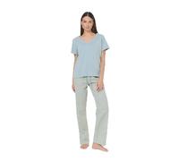 TRAMAS+ Pijama Mujer 100% algodón Cuello Pico, Pijama Largo Mujer, Conjunto de Camiseta Manga Larga y Pantalón Largo con Cintura Ajustable, Conjunto para Mujer - S, Azul Agua, Eladia