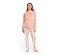 TRAMAS+ Pijama Mujer de Invierno, Pijama de Coralina con Camiseta de Manga Larga y Pantalón Largo Ajustable, Conjunto para Dormir Cómodo y Calentito - XL, Raya Vinia XL Rosa