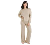 TRAMAS+ Pijama Mujer Entretiempo, Pijama Angorina de Mujer, Conjunto de Camiseta de Manga Larga y Pantalón Largo con Cintura Ajustable Calentito, Conjunto para Mujer - M, Arena