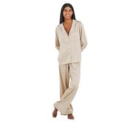 TRAMAS+ Pijama Mujer Satén, Pijama Mujer Largo, Conjunto de Manga Larga con Botones y pantalón con Cintura Elastica, Ropa de Dormir Cómoda - M, Beige