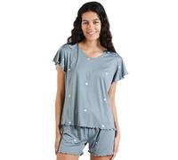 TRAMAS+ Pijama Mujer Verano, Pijama Corto Mujer, Conjunto de Camiseta Manga Fluida y Pantalón Corto con Cintura Ajustable, Conjunto de Verano para Mujer- M, Indigo