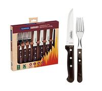 TRAMONTINA - Juego de Cubiertos Churrasco, para Carne, en Acero Inoxidable y Mangos de Madera Polywood en Color Castaño, Utensilios con Remaches, 8 Piezas