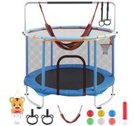 Trampolín infantil de 150 cm, altura ajustable, para interior y exterior, con red de seguridad y barra de gimnasia, 200 kg, con canasta de baloncesto, columpio y anillos, regalo para niñas