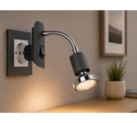 TRANGO 11-055 Lámpara de enchufe LED antracita-negro, luz de noche incl. 1 bombilla LED GU10 3000K blanco cálido cada una, anillo cromado e interruptor ON/OFF lámpara de pared, lámpara de cocina