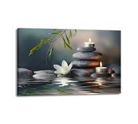 Tranquil Still Life Poster Art - White Lotus Bloom and Zen Stones on Canvas for Meditation Corner, Living Room or Bathroom Decor(Unframed,12x18inch(30x45cm))