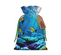 Tranquil Underwater Scenery Print Drawstring Linen Gift Bag for Christmas Party, Holiday Packaging Gifts Bags