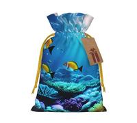 Tranquil Underwater Scenery Print Drawstring Linen Gift Bag for Christmas Party, Holiday Packaging Gifts Bags