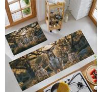 Tranquilo Y Sanador Juego de 2 tapetes Cocina, Manada Ciervos Bosque Sol Tapetes felpudos Interiores para baño, Marrón Oscuro Juego alfombras Cocina Antideslizantes, 50x80+50x120cm