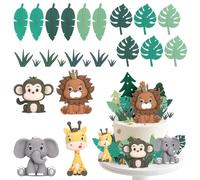 TranRantic 24 Piezas Decoración para Tartas Animales, Decoracion Tarta de Selva con Hojas, Safari Decoración de Tarta Reutilizables, Decoraciones de Fiesta de Cumpleaño para Niños Niñas Bebé