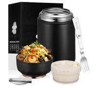 TranRantic Térmico para Comida Caliente, 500ML Acero Inoxidable Contenedor Térmico de Doble Pared, Matraz de Sopa Termo con Tenedor y Cuchara Plegables, Tarro de Comida para Comidas Calientes(Negro)