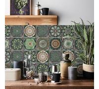 Transforma tu espacio con 24 pegatinas de azulejos de PVC de mandala verde para decoración del hogar (15 cm)
