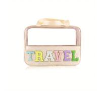 Translucent Wash Bags Travel Makeup with Letter Patches Large Clear Make Up Zipper Pouch with Handle Bath Organizer(Beige)