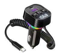 Transmisor FM Bluetooth 5.3,Cargador de Coche Rápido 60W Radio FM Adaptador con Cable Enrollado USB-C Micrófonos Duales y HiFi Bajos, Llamadas Manos Libres,Luz Led