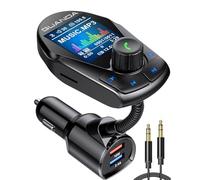 Transmisor FM Bluetooth 5.3 para Coche, Manos Libres Adaptador Bluetooth Coche con Pantalla 1,8", 2 USB PD 20W Cargador Mechero Coche, Entrada/Salida AUX Musica Audio Receptor Bluetooth Jack 3.5