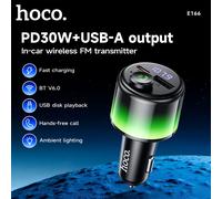 Transmisor FM Bluetooth 6.0 para Auto HOCO PD30W QC3.0, Reproductor MP3 Manos Libres, Luz Ambiental Colorida de 360 Grados, Encendedor de Cigarrillos Black