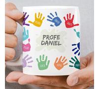 Transparent Gift Taza Personalizada con Nombres y Texto Manos Colores. Regalos Originales para Profesores, Profesoras. Tazas Personalizadas para Regalar de Cerámica. Regalos Personalizados para Profes