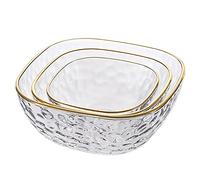 Transparent Glass Gold and Silver Rim Salad Dessert Fruit Bowl Hammered Square Three-Piece Set Suitable for Home Use Gold (Gold)