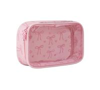 Transparente Schminktasche Damen Mädchen, Kosmetiktasche Kleine mit Rosa Schleife, Niedrige Make up Bag für Handtasche, Kulturtasche, Geschenkidee für Freundin, Mama, Brautjungfer