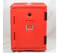 Transportador de alimentos aislado con diseño de carga frontal y asas para uso en catering y comedor