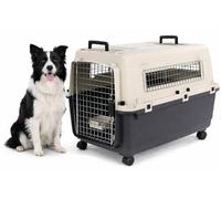 transportin Gato - Flamingo Fomad Gris Oscuro - L 57 x 80 x 59,5 cm - plástico Resistente - Puerta metálica - Cierre de Seguridad - 2 Asas - comedero y Bebedero extraíble - 4 Ruedas Desmontables